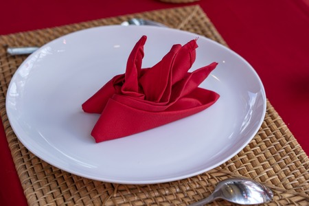 Elegant table setting with fork, spoon, white plate and red napkin in restaurant , close up. Nice...
