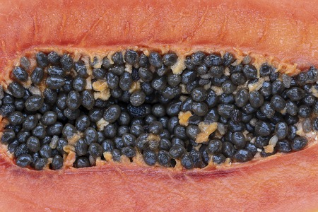 Half of ripe sweet papaya fruit with seeds background, close upの写真素材
