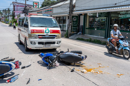 KOH PHANGAN, THAILAND - MAY 19, 2019 : Motorcycle accident that happened on the road at tropical island Koh Phangan, Thailand . Traffic accident between a motorcycle on streetのeditorial素材