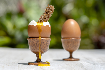 Soft boiled egg in eggcup with slice of toasted bread on white wooden table in nature background,...