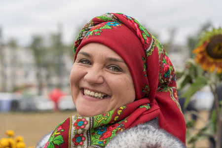Slavuta, Ukraine - september 22, 2019 : Ukrainian women in national costumes take part in the Ethno-eco festival Koledar in city Slavuta, Ukraineのeditorial素材