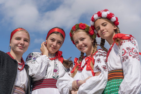 Slavuta, Ukraine - september 22, 2019 : Ukrainian girl in national costumes take part in the Ethno-eco festival Koledar in city Slavuta, Ukraineのeditorial素材