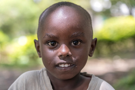 Arusha, Tanzania - december 24, 2019 : Unknown african young happy boy on a street in Arusha,...