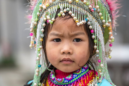 Sapa, Vietnam - march 02, 2020 : Ethnic Hmong young girl on the street in Sapa region, North Vietnamのeditorial素材