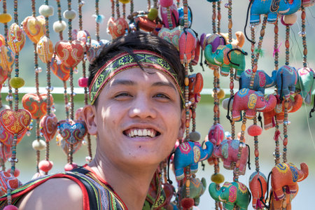 Dalat, Vietnam - march 18, 2020 : Young guy in Vietnamese clothes on nature near town in Da Lat, Vietnamのeditorial素材