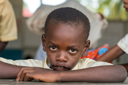 Zanzibar, Tanzania - january 15, 2020 : Unidentified african children in a local school after the lesson of Zanzibar, Tanzania, east Africaのeditorial素材