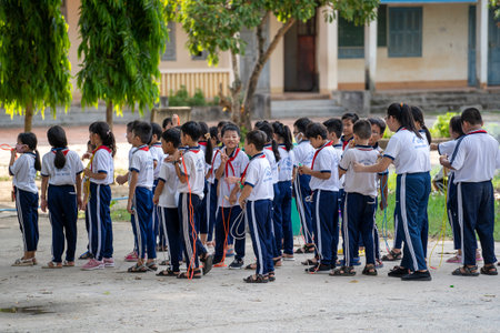 Phu Quoc island, Vietnam - may 15, 2020 : Vietnamese children during a break in the courtyard of a school on the island of Phu Quoc, Vietnamのeditorial素材