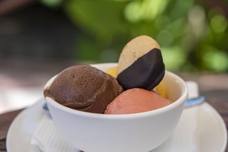 Balls of chocolate, strawberry and mango ice cream with cookies in a white bowl, close up