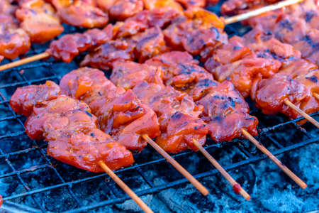 Thai street vendor sells grilled chicken meat at street food market in island Koh Phangan, Thailand. Close upの写真素材