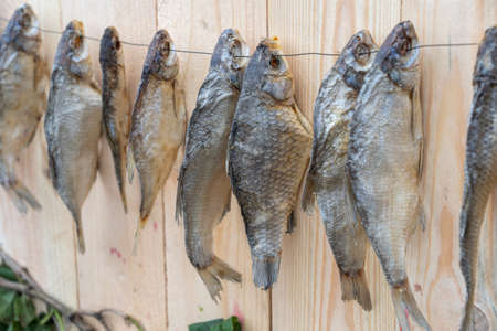Dried salted fish hanging on a rope against wooden wall, close upの写真素材