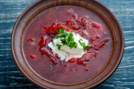 Ukrainian and Russian national red borsch. Beetroot soup is a national dish in Ukraine, close up
