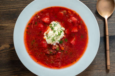 Ukrainian and Russian national red borsch. Beetroot soup is a national dish in Ukraine, close up