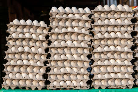 Stacks of white eggs in trays on local street market in India, close upの写真素材