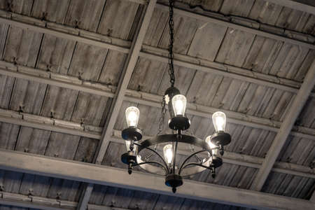 View of vintage ceiling light. Lighting decoration concept. Modern hanging ceiling lampsの写真素材