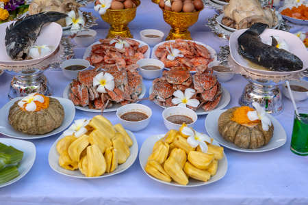 Sacrificial offering food for pray to god and memorial to ancestor, Bangkok, Thailand. Close up....