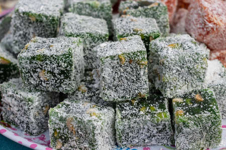 Sweets marmalade, turkish delight, bright multi-colored confectionery. Background candied colorful fruit. Colored dried fruit. Close upの写真素材