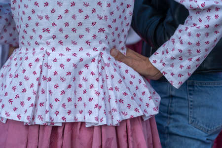 Colorful clothes on at young girls during a festival in Ukraine. Close upの写真素材