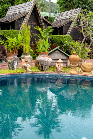 Swimming pool in a tropical garden, Thailand. Close upのeditorial素材