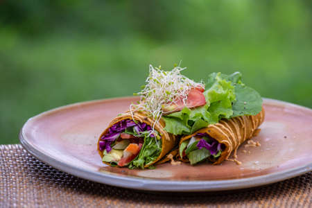 Raw vegan carrot and cumin wrap roll stuffed with shred lettuce, tomato, avocado, spinach and savory zucchini hummus. Summer healthy food. Close up two rolls in plateの写真素材