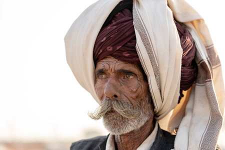 PUSHKAR, INDIA - NOVEMBER 14, 2018: Indian man in the desert Thar during Pushkar Camel Mela near holy city Pushkar, Rajasthan, India. This fair is the largest camel trading fair in the world.のeditorial素材