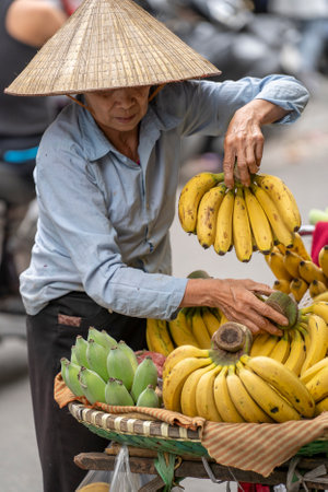 Hanoi, Vietnam - march 01, 2020: Vietnamese, woman selling fruits and vegetables on the street food market of old town in Hanoi, Vietnamのeditorial素材
