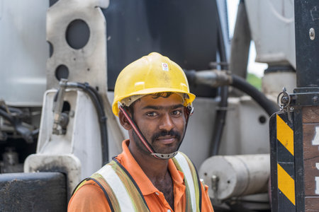 Singapore city, Singapore - February 28, 2020: A migrant worker poses for a photo on a city center construction site in Singapore. The SE Asian city state has a significant migrant worker populationのeditorial素材