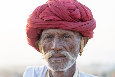 PUSHKAR, INDIA - NOVEMBER 16, 2018: Indian man in the desert Thar during Pushkar Camel Mela near holy city Pushkar, Rajasthan, India. This fair is the largest camel trading fair in the world.のeditorial素材