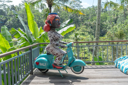 UBUD, BALI, INDONESIA - MARCH 24, 2019: Figure of a dark-skinned woman sits on a motorcycle Vespa in tropical cafe near rice terraces of Tegallalang in Bali, Indonesiaのeditorial素材