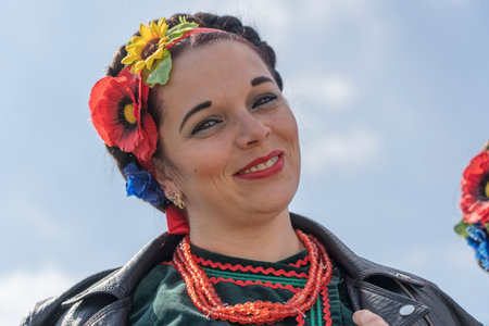 Slavuta, Ukraine - September 22, 2019: Ukrainian women in national costumes take part in the Ethno-eco festival Kolodar in city Slavuta, Ukraineのeditorial素材