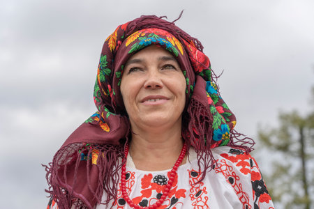 Slavuta, Ukraine - September 22, 2019: Ukrainian women in national costumes take part in the...
