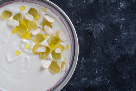 Traditional Spanish dish, cold soup ajo blanco or ajoblanco from garlic, almonds, white wine...