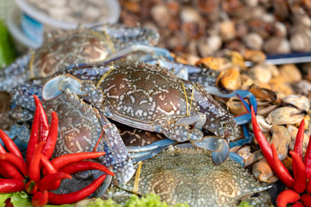 Fresh crabs at street market in Thailand. Seafood concept. Raw sea crab for cooking, close upの写真素材