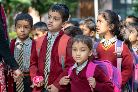 RISHIKESH, INDIA - NOVEMBER 05, 2018: Group of elementary school kids standing in the schoolyard,...