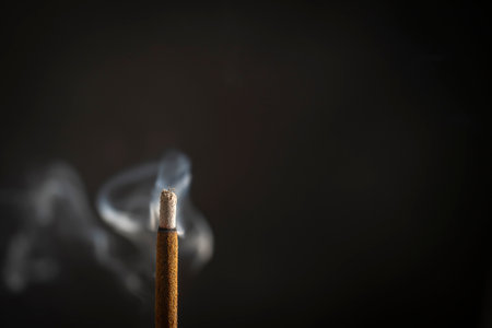 Asian incense stick burning with smoke, close up, macro, copy space