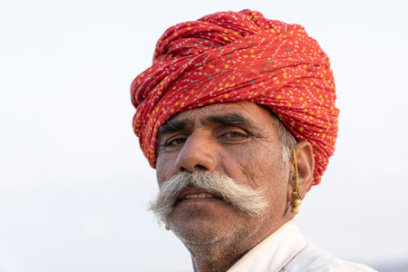 PUSHKAR, INDIA - NOVEMBER 14, 2018: Indian man in the desert Thar during Pushkar Camel Mela near...