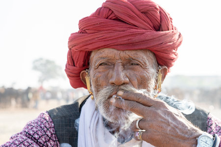 PUSHKAR, INDIA - NOVEMBER 16, 2018: Indian man in the desert Thar during Pushkar Camel Mela near holy city Pushkar, Rajasthan, India. This fair is the largest camel trading fair in the world.のeditorial素材