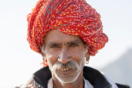 PUSHKAR, INDIA - NOVEMBER 13, 2018: Indian man in the desert Thar during Pushkar Camel Mela near holy city Pushkar, Rajasthan, India. This fair is the largest camel trading fair in the world.のeditorial素材