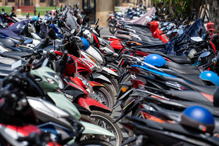 Phu Quoc island, Vietnam - may 28, 2020: The parking of motorcycles on a street on the island of Phu Quoc, Vietnamのeditorial素材