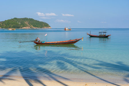 KOH PHANGAN, THAILAND - FEBRUARY 07, 2019: Beautiful bay with palm trees and boats. Tropical sand beach and sea water on the island Koh Phangan, Thailandのeditorial素材