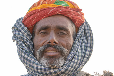 PUSHKAR, INDIA - NOVEMBER 15, 2018: Indian man in the desert Thar during Pushkar Camel Mela near holy city Pushkar, Rajasthan, India. This fair is the largest camel trading fair in the world.のeditorial素材