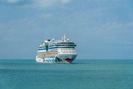 KOH SAMUI, THAILAND - JAN 23, 2019: Big white luxury cruise ship AIDA Bella in the Siam Bay on the South China Sea near island Samui. German line AIDA Cruises. Beautiful seascape with cruise linerのeditorial素材