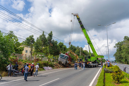 Phu Quoc island, Vietnam - may 12, 2020: Big truck damaged during the accident on the road in Phu Quoc island, Vietnamのeditorial素材