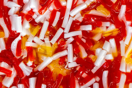 Sweetmeat with colorful ball flour, Thai style food. Street food in local market, Thailand, close up. Thai dessert with colorful ball flour, is one of Thai snack that usually will eat with coconut milk.の写真素材