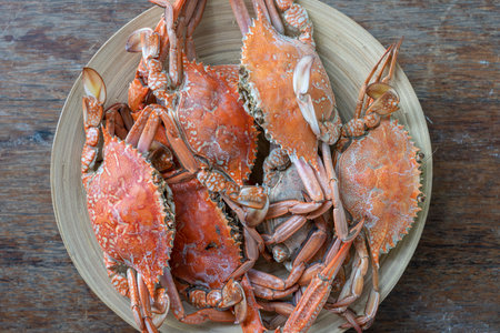 Boiled crabs on plate in beach cafe on the island of Zanzibar, Tanzania, east Africa, close up, top viewの写真素材