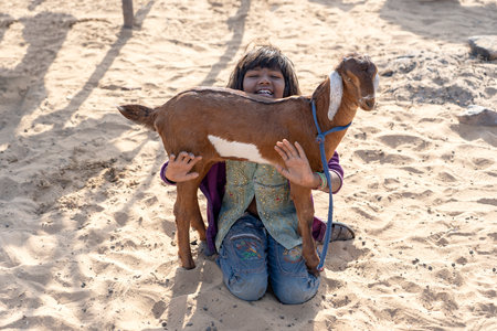 PUSHKAR, INDIA - NOVEMBER 13, 2018: Indian young girl with goat in the desert Thar on time Pushkar Camel Mela near holy city Pushkar, Rajasthan, India, close up portraitのeditorial素材