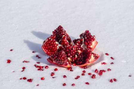 Open pomegranate fruit with red seeds on a white snow in winter, close up. Organic bio fruits