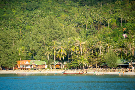 KOH PHANGAN, THAILAND - JANUARY 07, 2019: Beautiful Chaloklum bay with palm trees and bungalows for tourists. Tropical beach on the island Koh Phangan, Thailandのeditorial素材