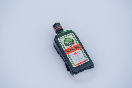 Kyiv, Ukraine - january 14, 2021: Bottle of Jagermeister, German digestif made with 56 herbs and...