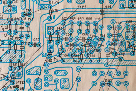 Old radio circuit printed on vintage paper electricity diagram as background for education, electricity industries and repair. Electric radio scheme from USSR, close upの写真素材