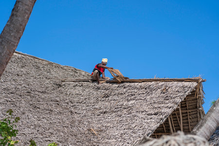 Zanzibar, Tanzania - january 11, 2020: African male builder works on the thatched roof of a house on the island of Zanzibar, Tanzania, East Africaのeditorial素材